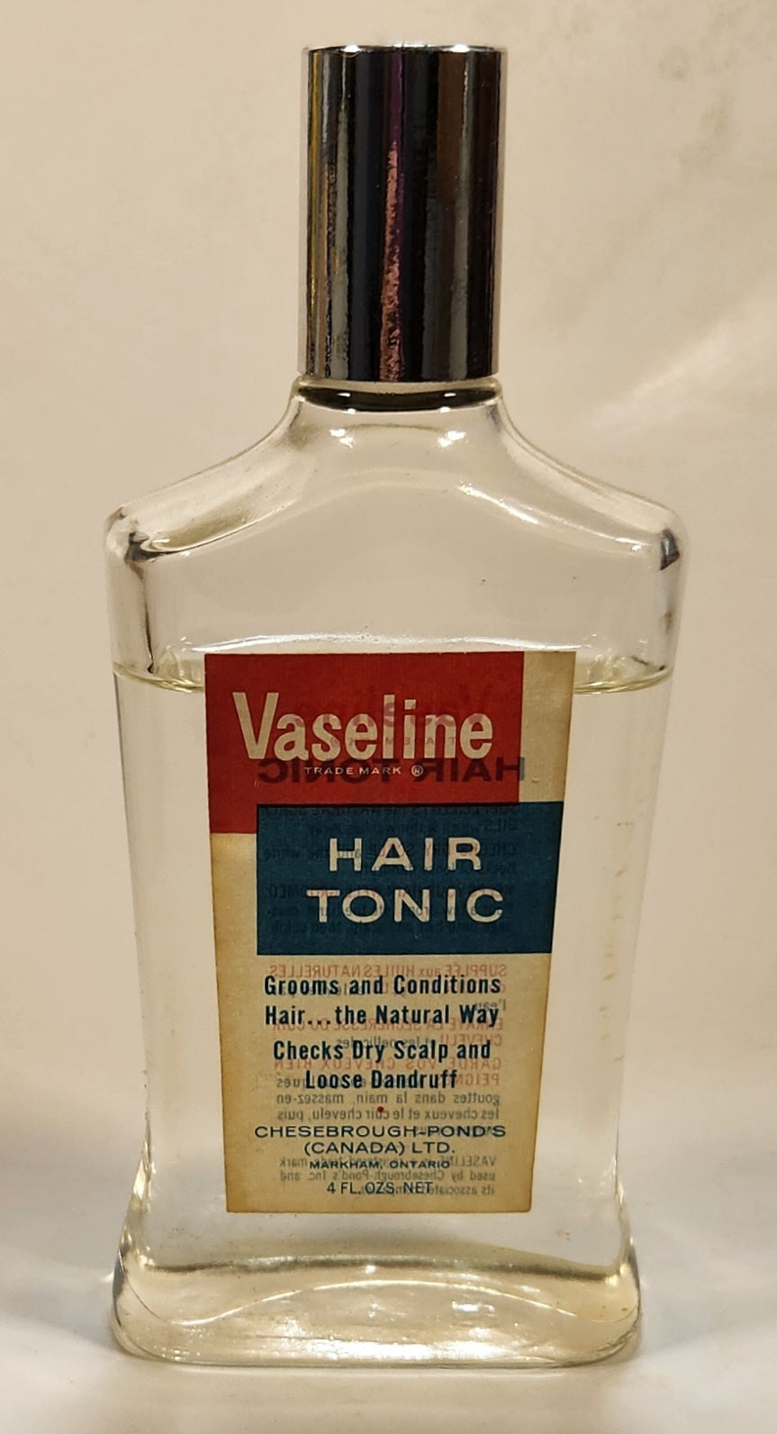 Vintage Chesebrough-Pond's (Canada) Ltd. Markham Ontario Vaseline Hair Tonic 4 Fl oz. Clear Glass Bottle