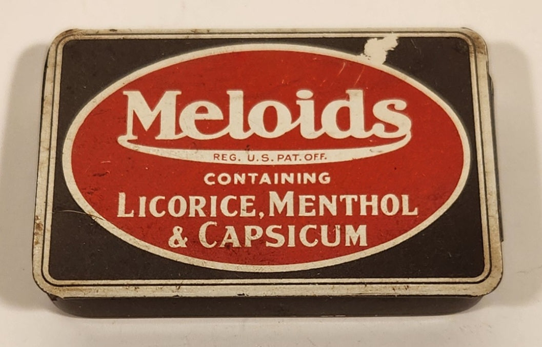 Vintage Boots Pure Drug Co Ltd. Meloids Containing Licorice, Menthol & Capsicum Mellow Voice Pastilles Hinged Tin Metal Container