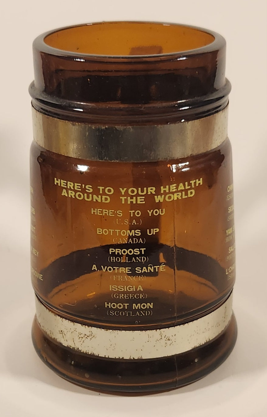 Vintage Here's To Your Health Around The World Brown Amber Glass Beer Mug with Wood Handle