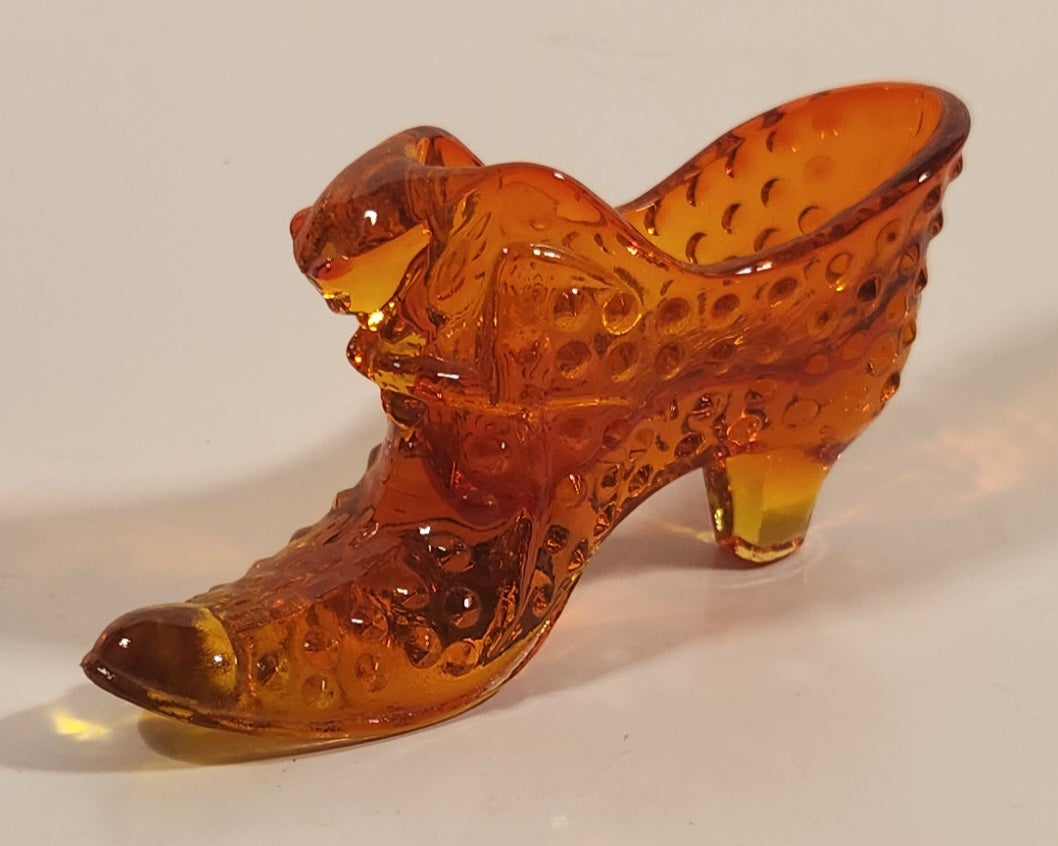 Vintage Fenton Red and Orange Lions Head High Heel Shoe Art Glass Ornament