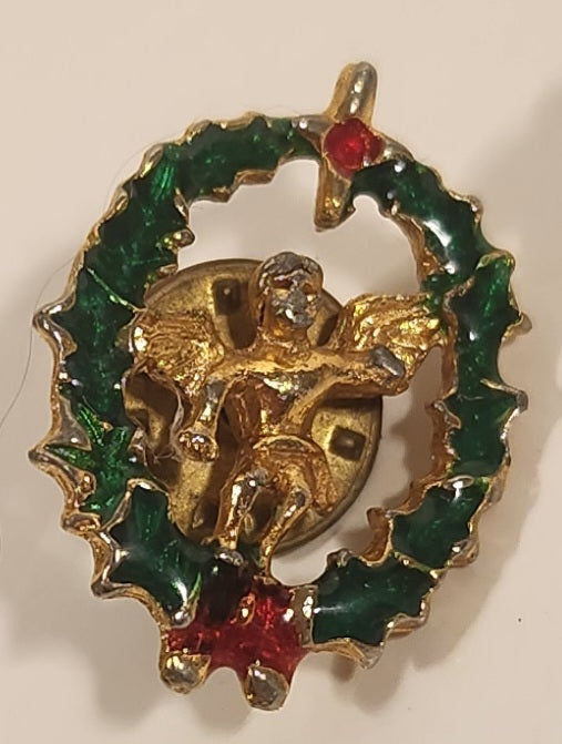 Gold Tone Angel in Green and Red Enamel Christmas Wreath Metal Brooch Lapel Pin 2