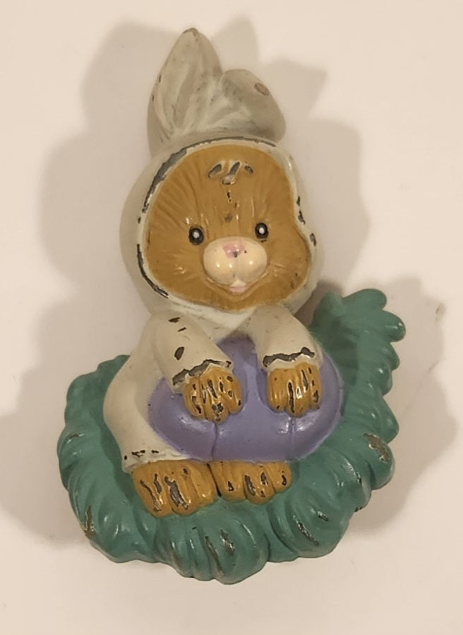 Brown Bunny Rabbit In Costume Holding Egg On Green Grass Resin Brooch Pin