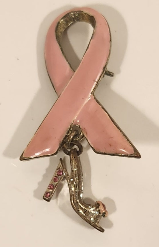 2005 Payless Breast Cancer Awareness Dangling Pink Rhinestone High Heel Shoe Enamel Pink Ribbon Metal Brooch Pin