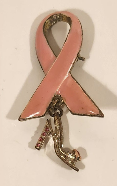 2005 Payless Breast Cancer Awareness Dangling Pink Rhinestone High Heel Shoe Enamel Pink Ribbon Metal Brooch Pin 2