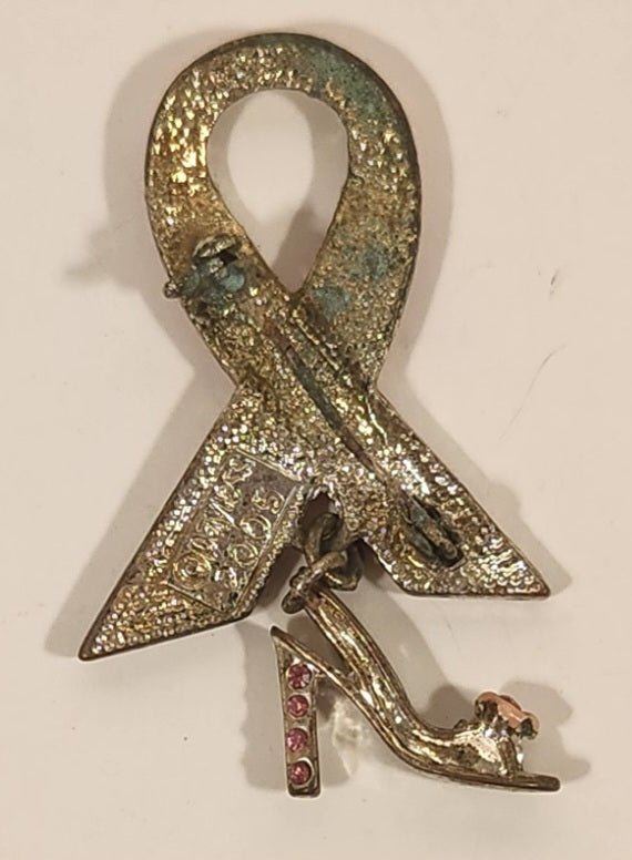 2005 Payless Breast Cancer Awareness Dangling Pink Rhinestone High Heel Shoe Enamel Pink Ribbon Metal Brooch Pin 3
