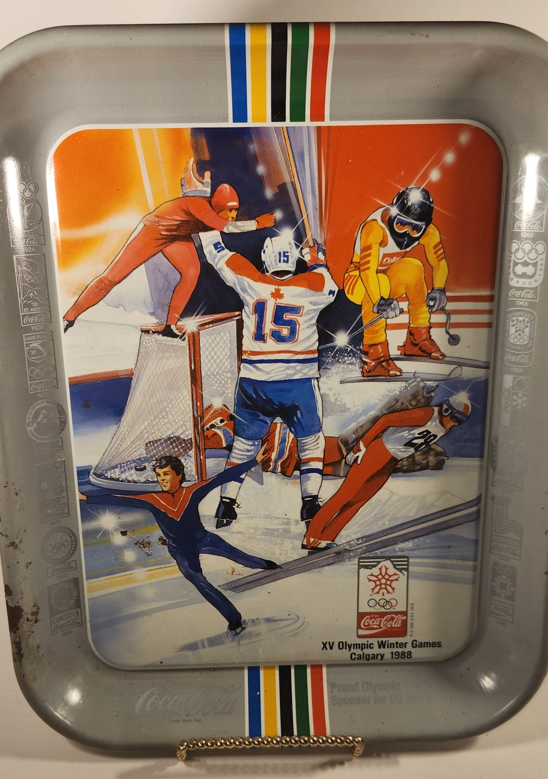Vintage 1988 Enjoy Coca-Cola XV Olympic Winter Games Calgary Metal Beverage Serving Tray Canadian Edition 3