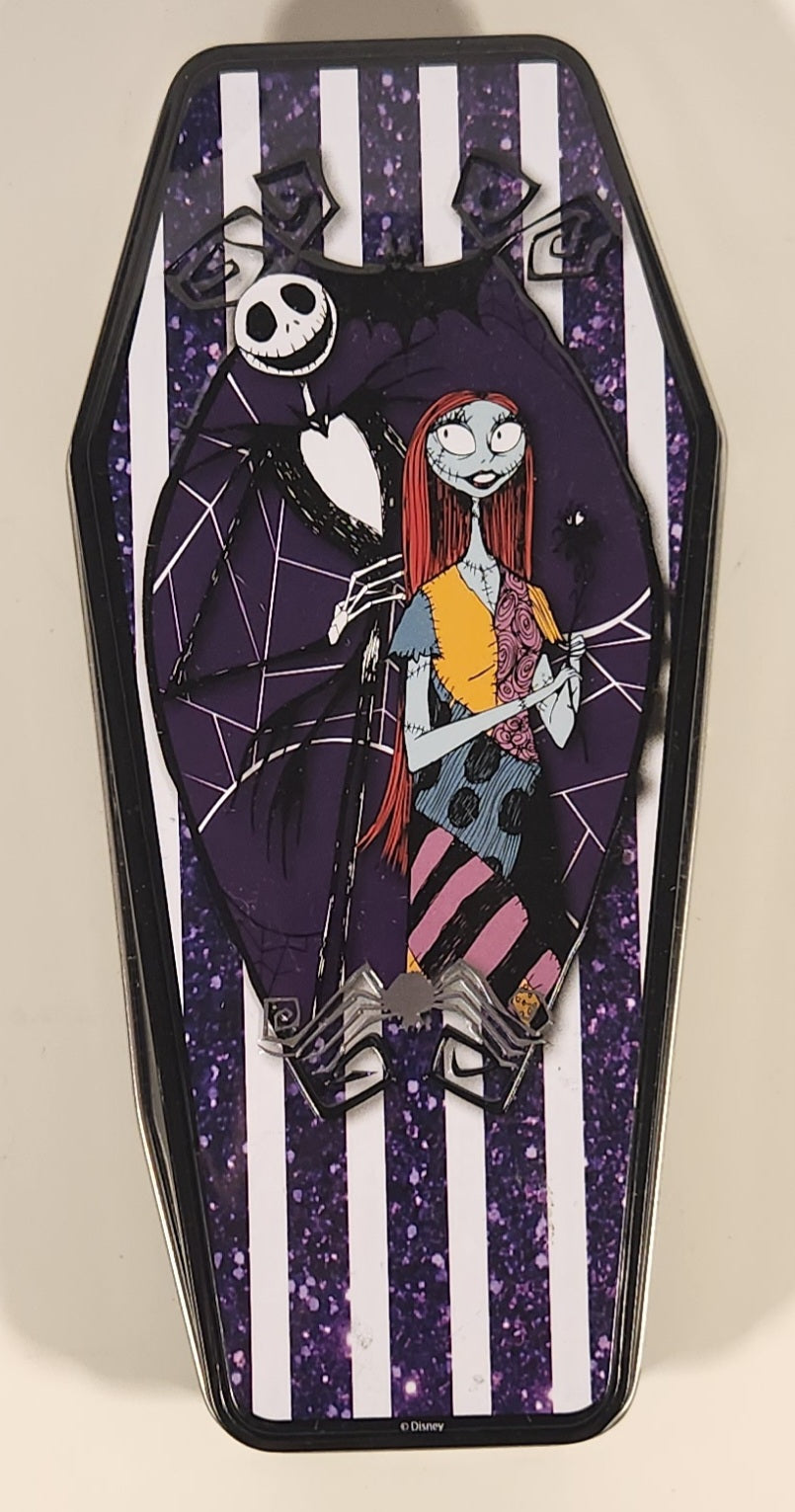 2024 Tim Burton's Nightmare Before Christmas Jack Skellington and Sally Coffin Shaped Embossed Tin Metal Container