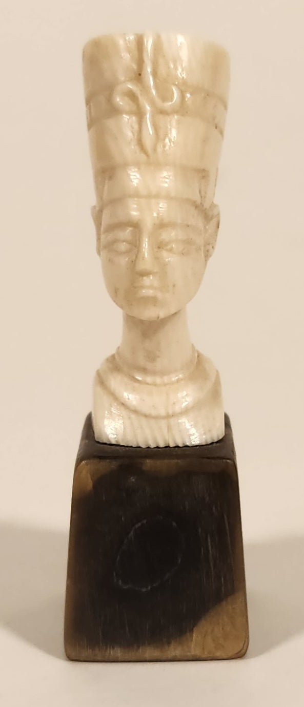 Antique Carved Bone Head Bust of Nefertiti Miniature 2 1/2" Figurine Mounted on Carved Horn Base