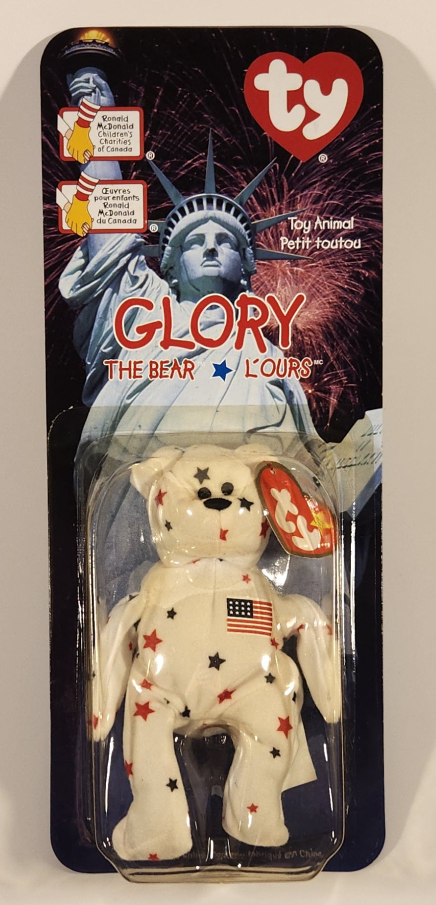 1999 McDonald's Ty Beanie Babies Glory The Bear White with Blue and Red Stars 5" Tall Plush Stuffed Animal Toy New in Package