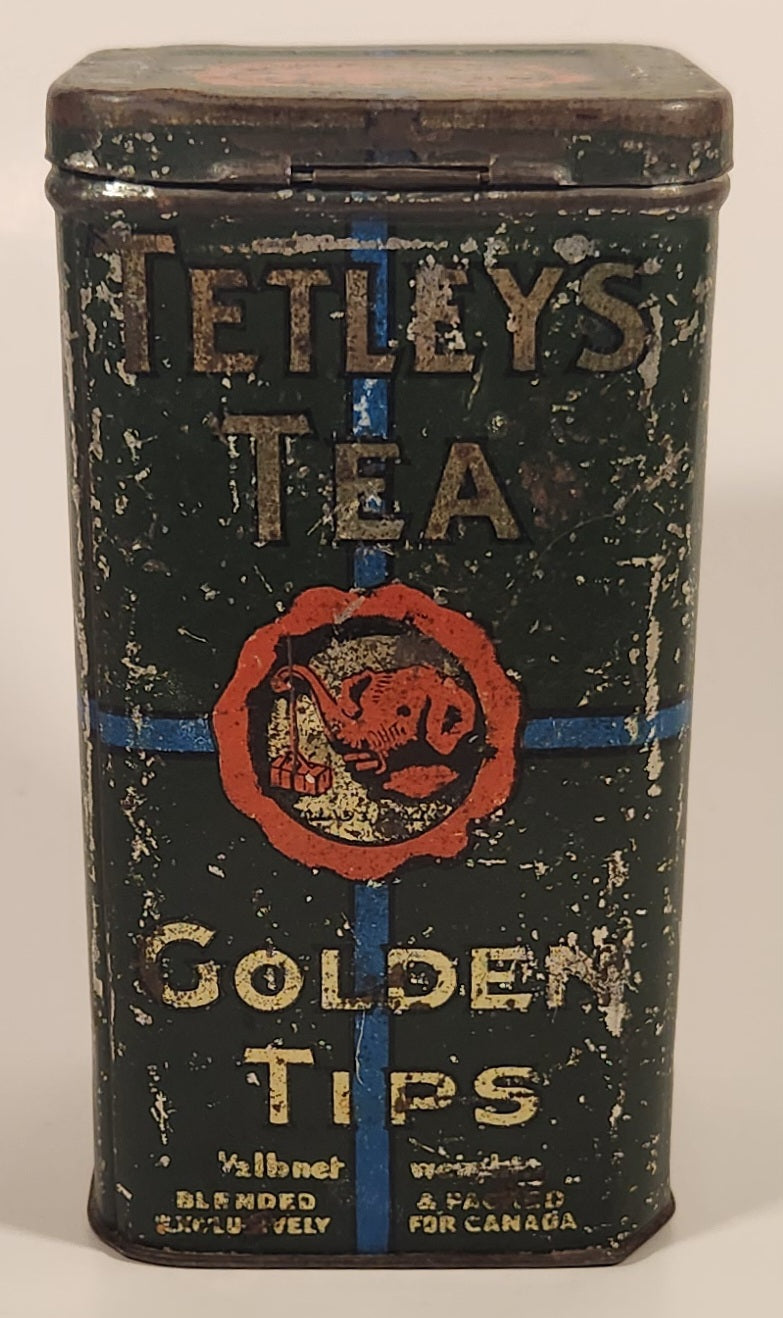 Rare Antique Tetleys Tea Golden Tips Dark Green Tin Metal Container