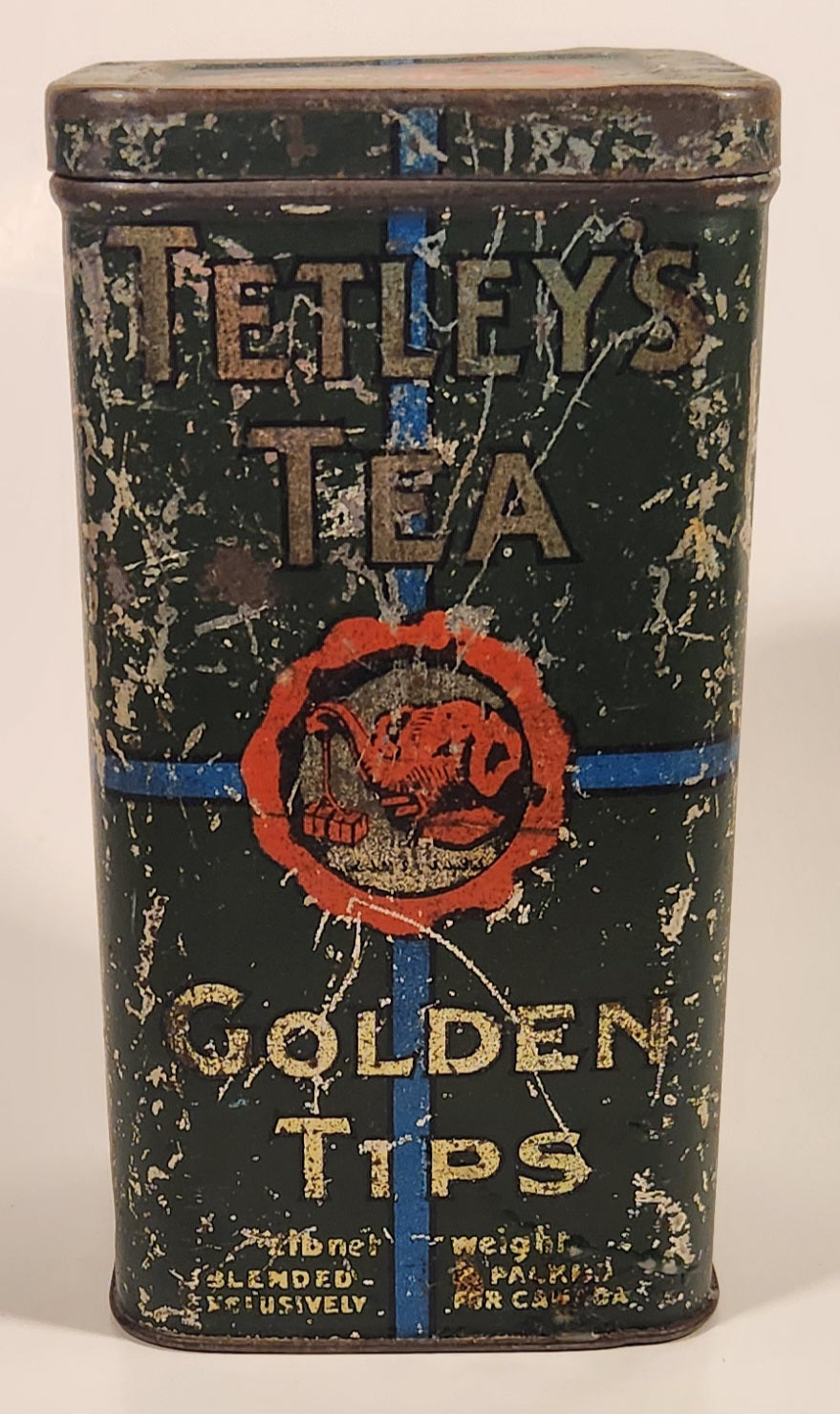 Rare Antique Tetleys Tea Golden Tips Dark Green Tin Metal Container 3