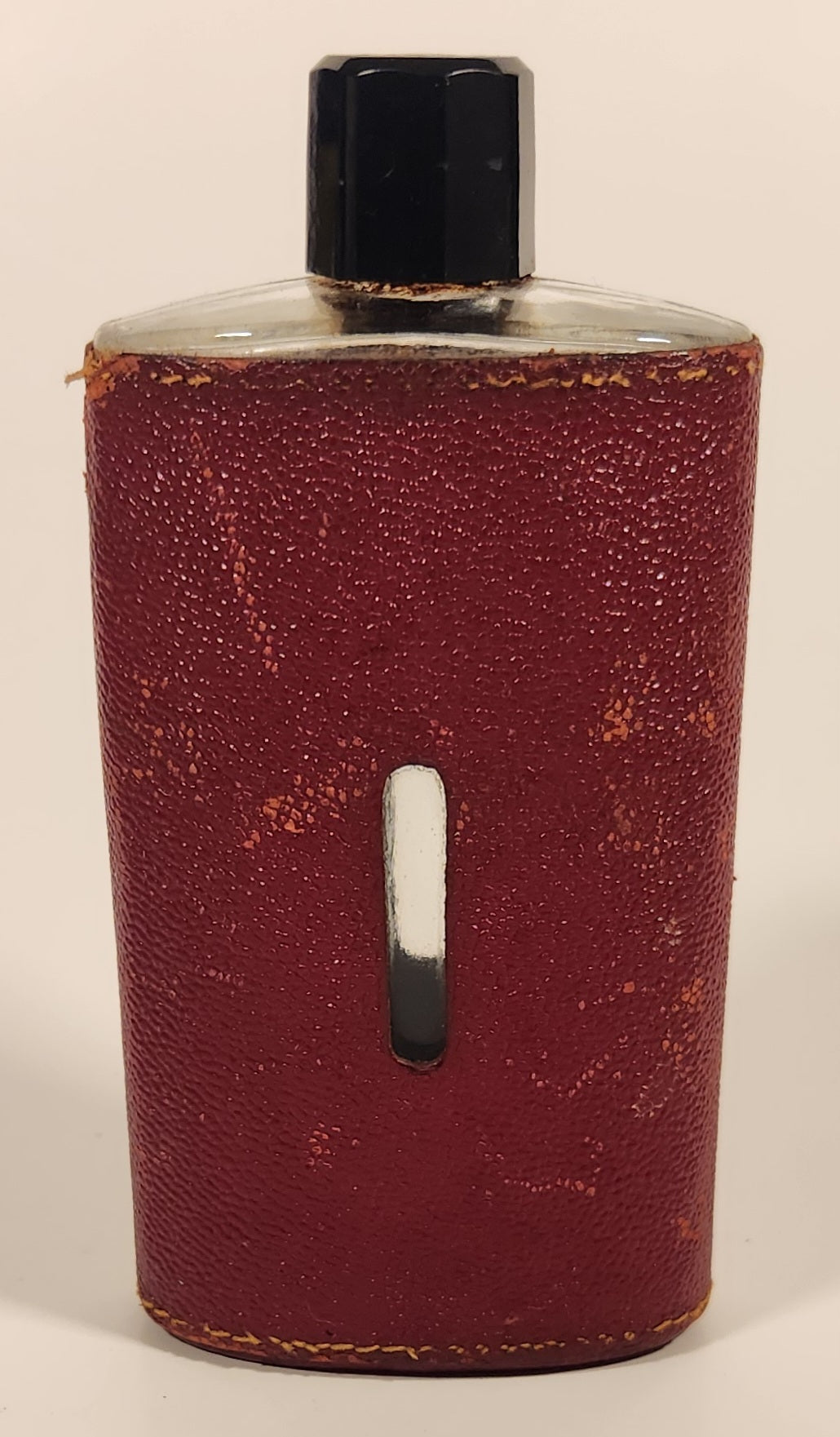 Vintage Red Leather Covered 5 1/8" Tall Glass Hip Flask Bottle with Black Plastic Lid
