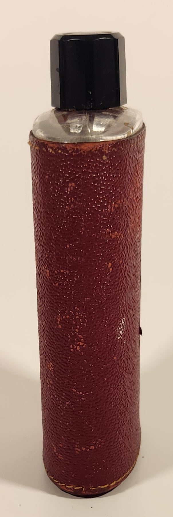 Vintage Red Leather Covered 5 1/8" Tall Glass Hip Flask Bottle with Black Plastic Lid 2