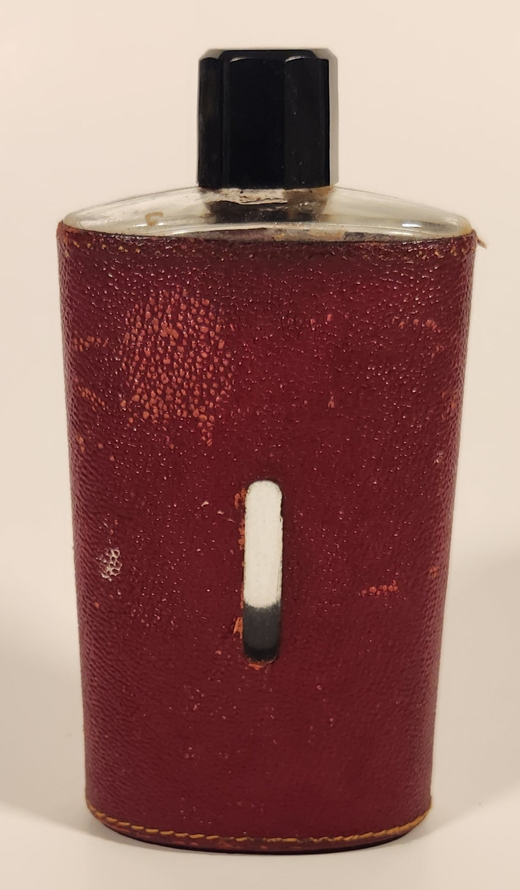 Vintage Red Leather Covered 5 1/8" Tall Glass Hip Flask Bottle with Black Plastic Lid 3