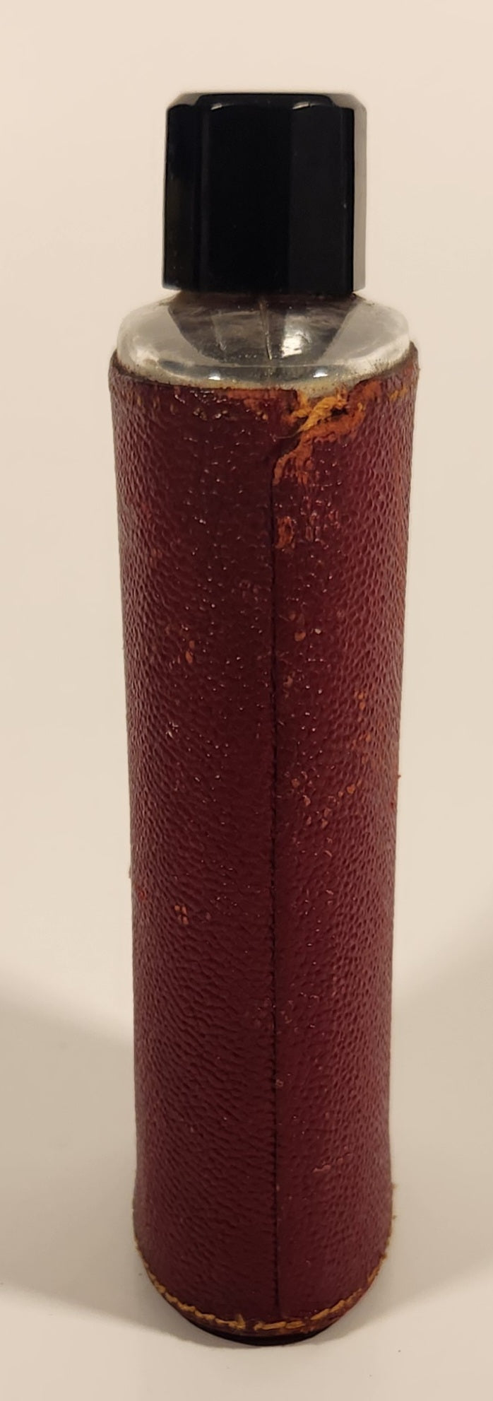 Vintage Red Leather Covered 5 1/8" Tall Glass Hip Flask Bottle with Black Plastic Lid 4