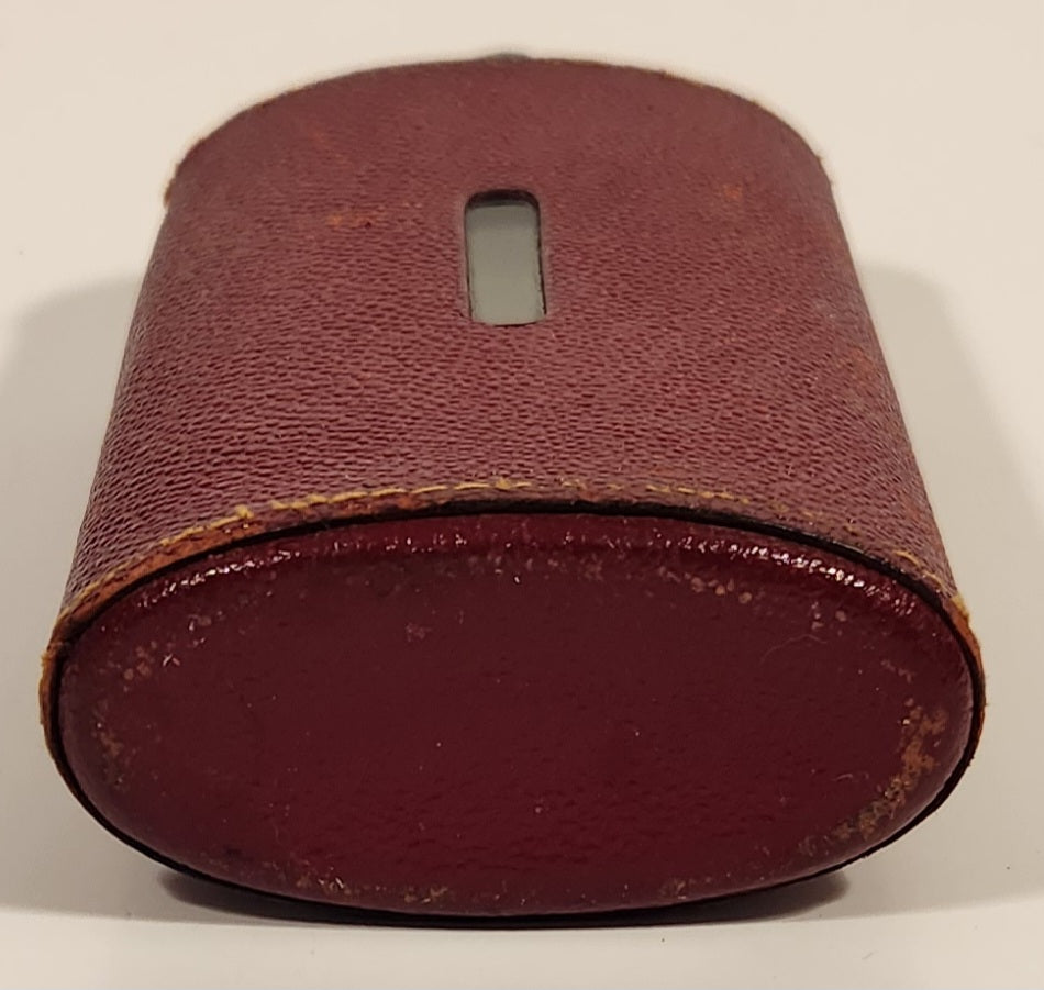 Vintage Red Leather Covered 5 1/8" Tall Glass Hip Flask Bottle with Black Plastic Lid 7