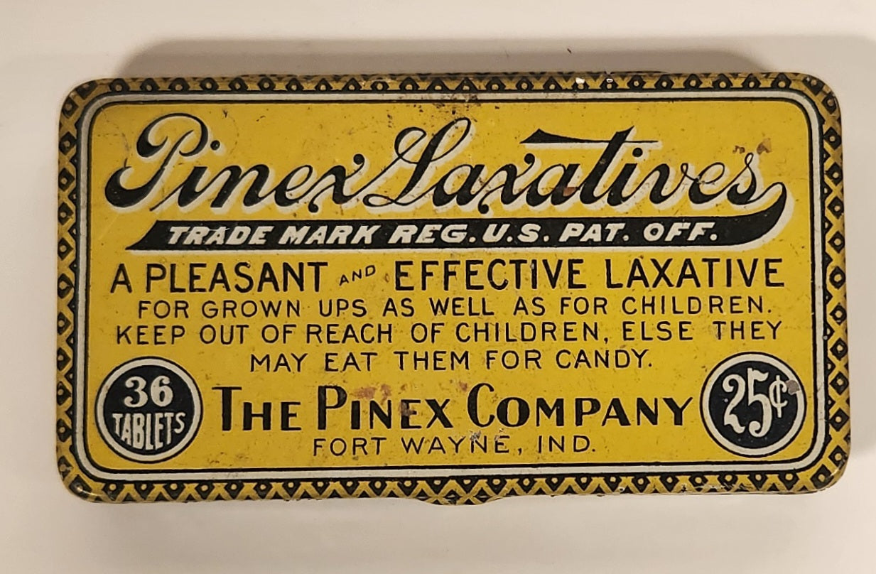 Vintage The Pinex Company Fort Wayne, Indiana Pinex Laxatives 25 Cents 36 Tablets Yellow Tin Metal Container