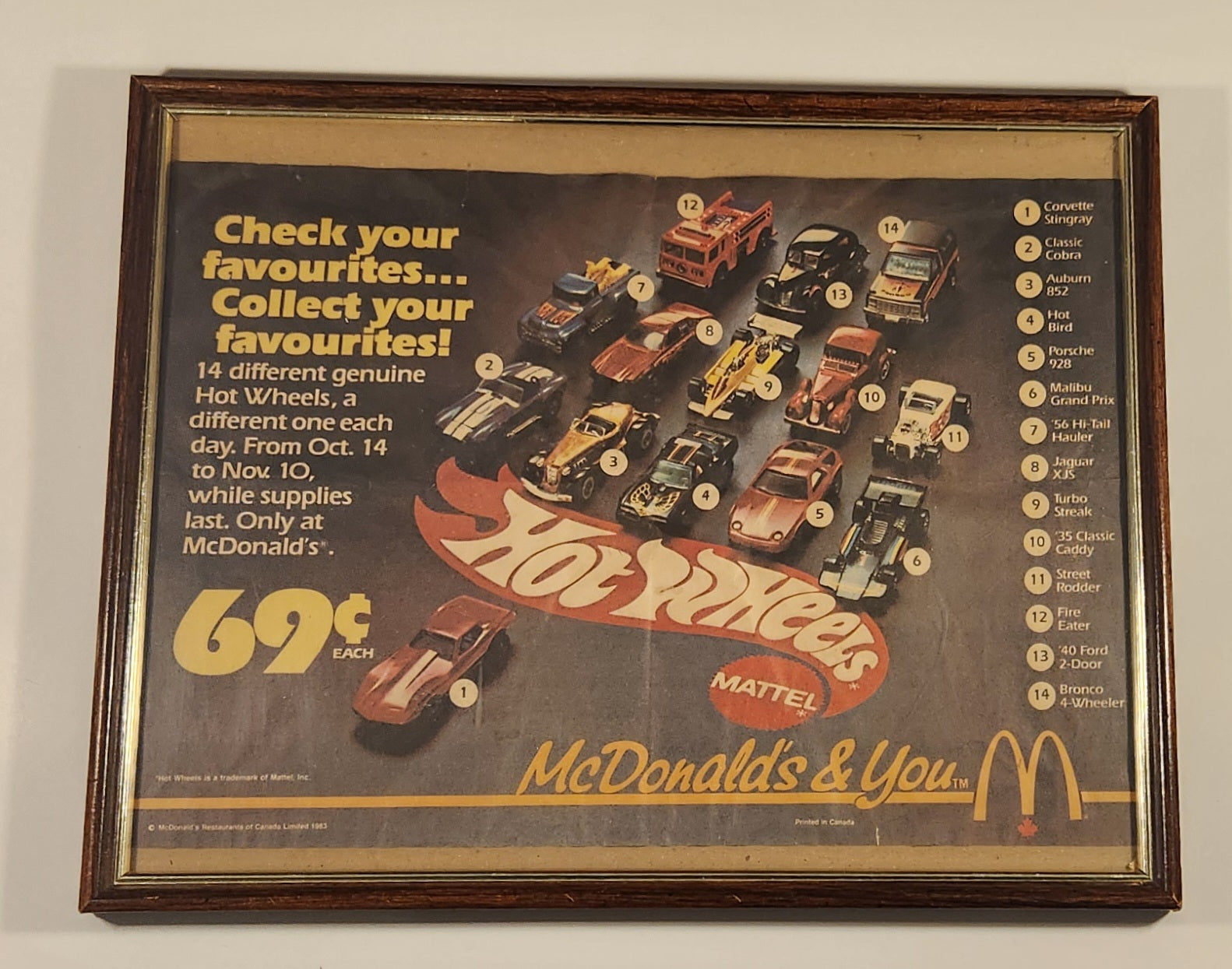 Rare Vintage 1983 McDonald's & You Mattel Hot Wheels 69 Cents Each Serving Tray Paper Liner Advertisement in 11 3/4" x 14 3/4" Wood Frame
