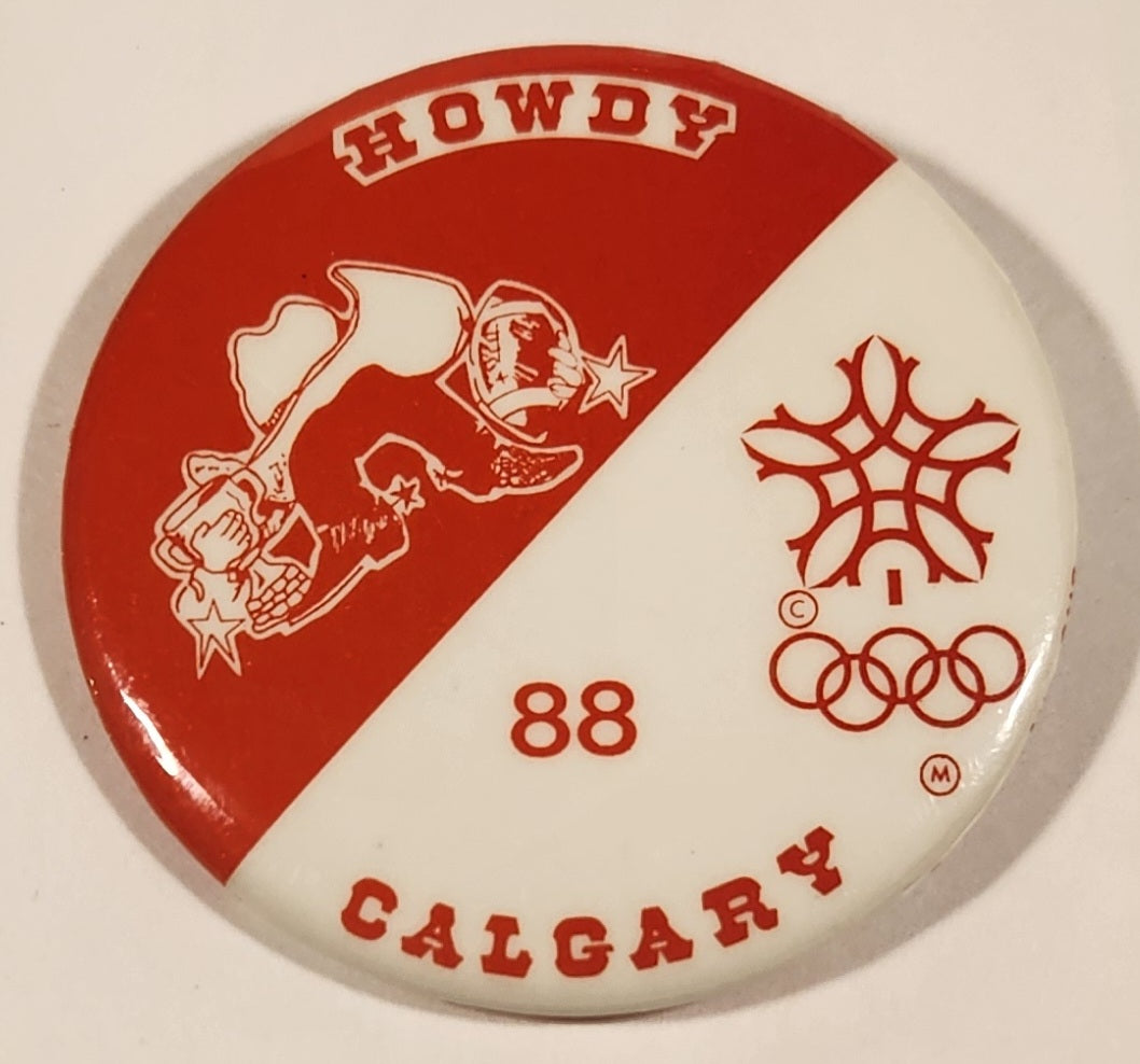 1988 Calgary Winter Olympics Howdy Red and White 2 1/4" Round Button Pin