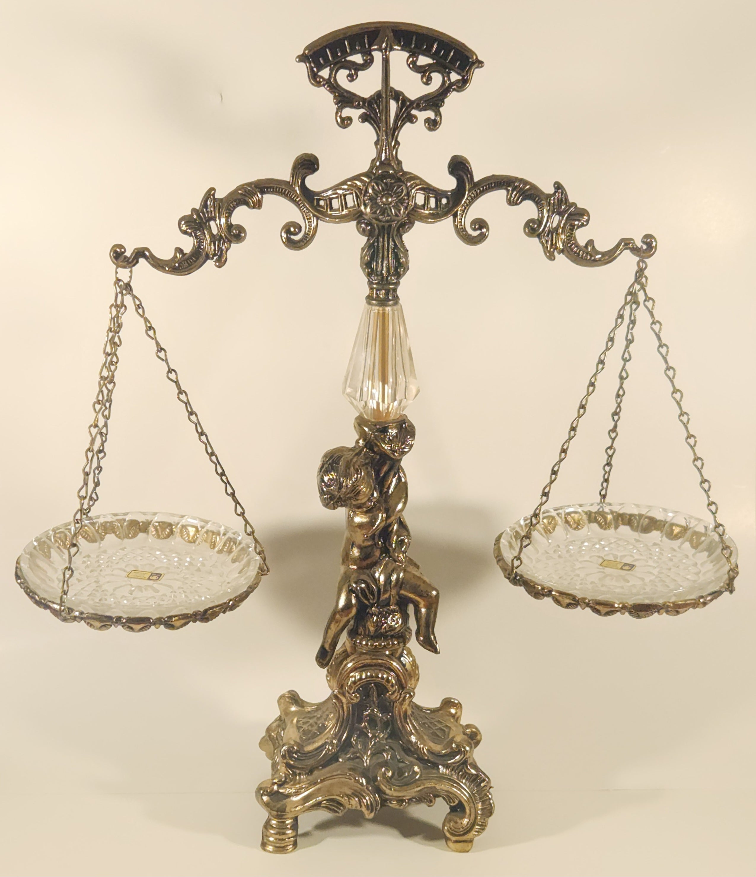 Vintage Bleikristall Ornate Cherub Themed 17 1/4" Tall Brass and 24% Leaded Crystal Glass Tray Scales of Justice Balance Scale