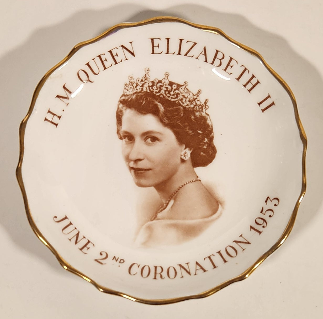 Vintage Tuscan Fine English Bone China H. M. Queen Elizabeth II June 2nd Coronation 1953 Gold Trimmed 4" Trinket Dish Plate