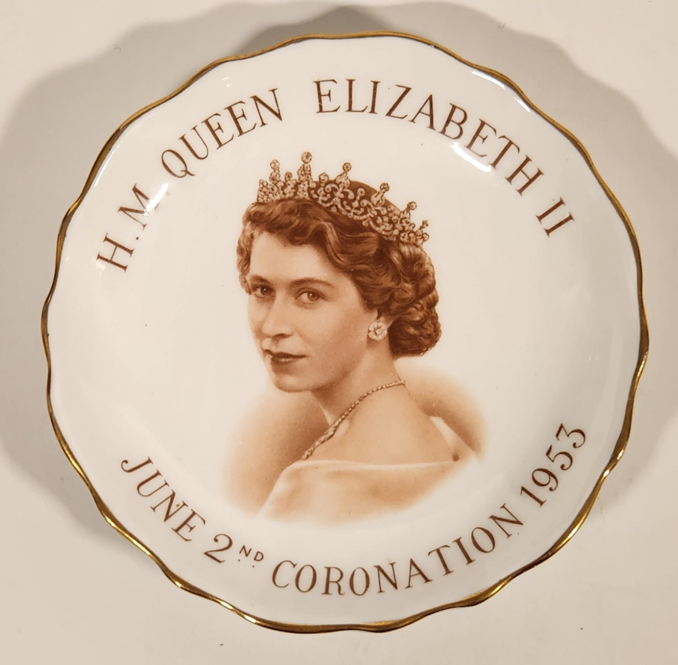 Vintage Tuscan Fine English Bone China H. M. Queen Elizabeth II June 2nd Coronation 1953 Gold Trimmed 4" Trinket Dish Plate
