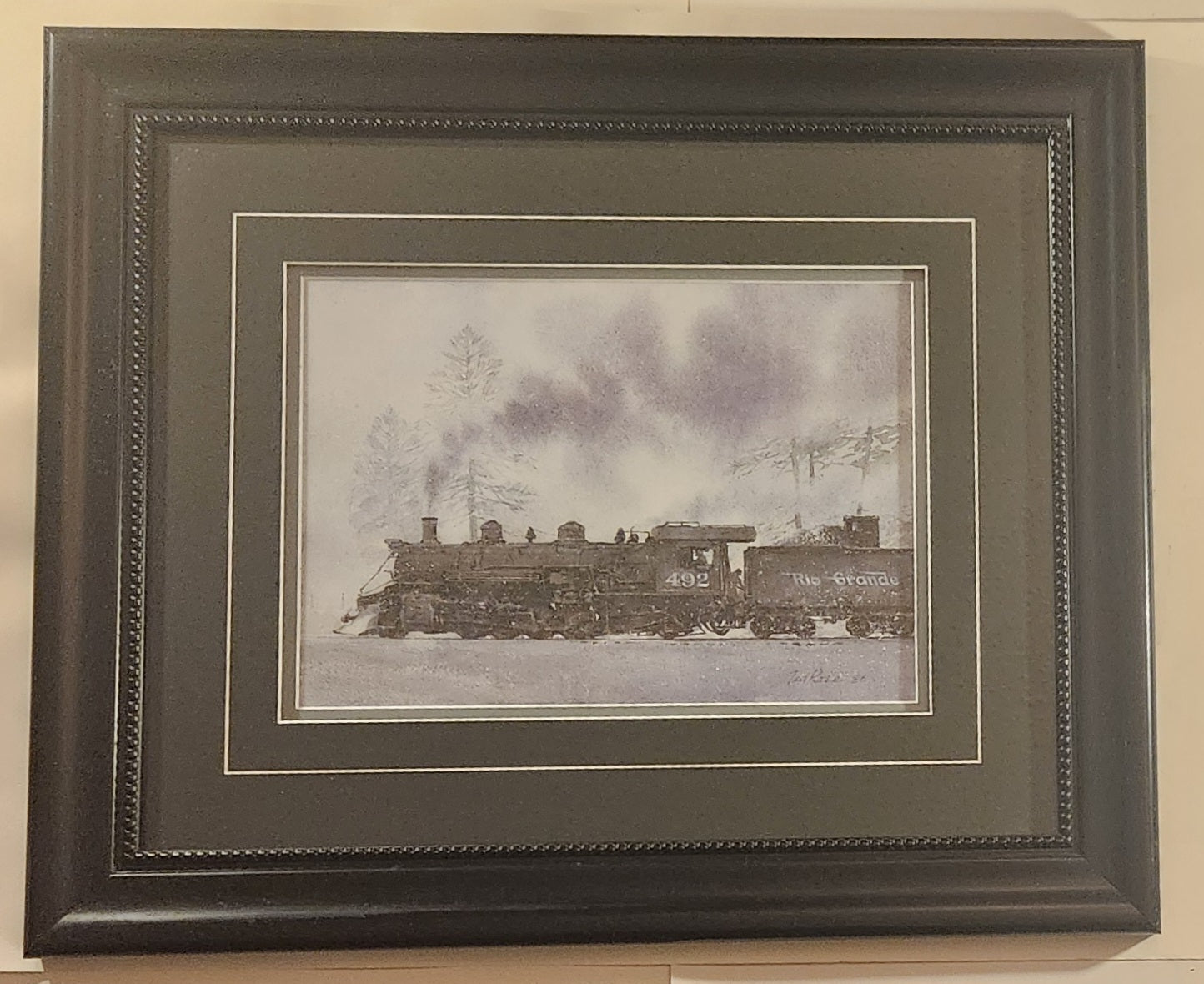 1986 Ted Rose 492 Rio Grande Steam Engine Train Locomotive 21" x 24 1/2" Framed Art Print