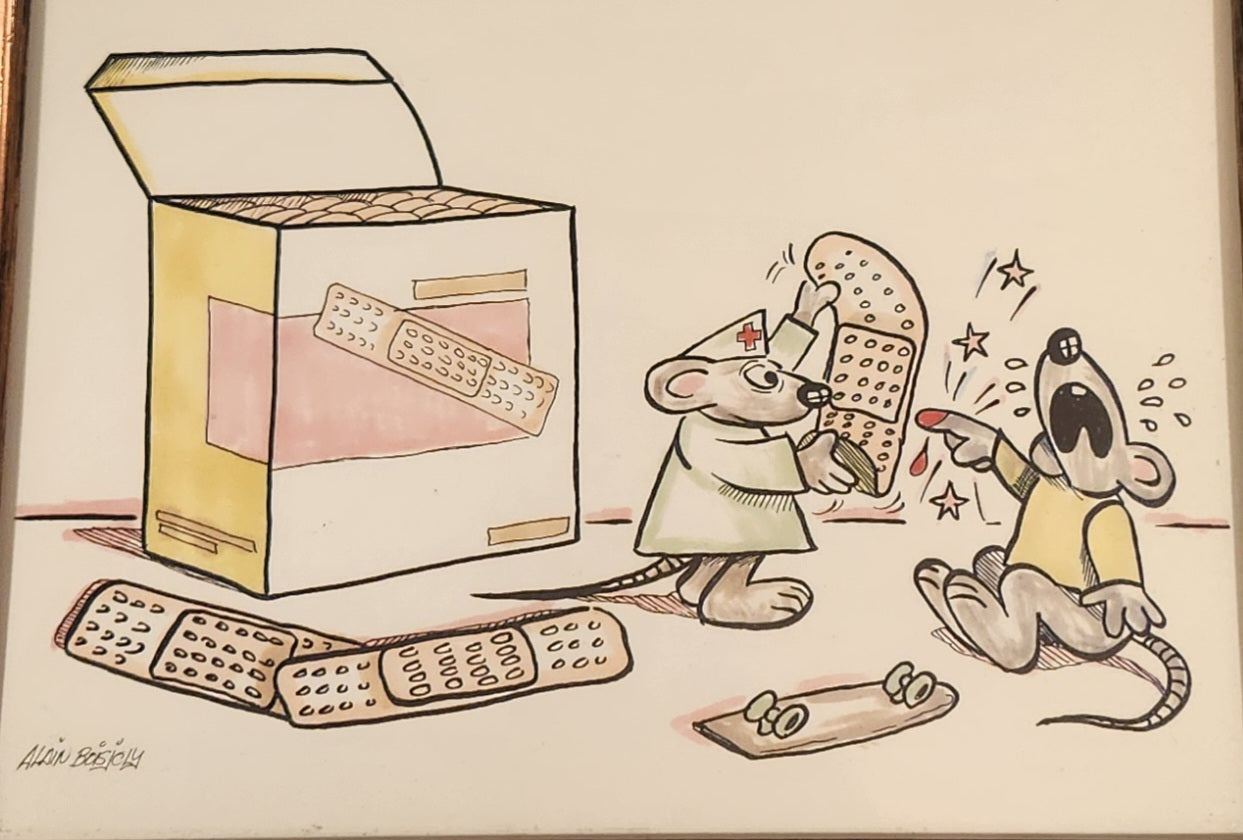 Vintage 1980s Alain Boisjoly Clumsy Skateboarder Mouse Nurse with Giant Bandage 8" x 10" Framed Art Print 2