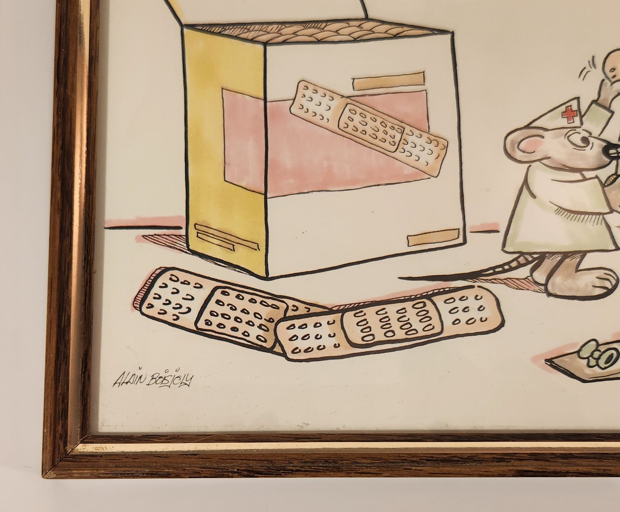 Vintage 1980s Alain Boisjoly Clumsy Skateboarder Mouse Nurse with Giant Bandage 8" x 10" Framed Art Print 3