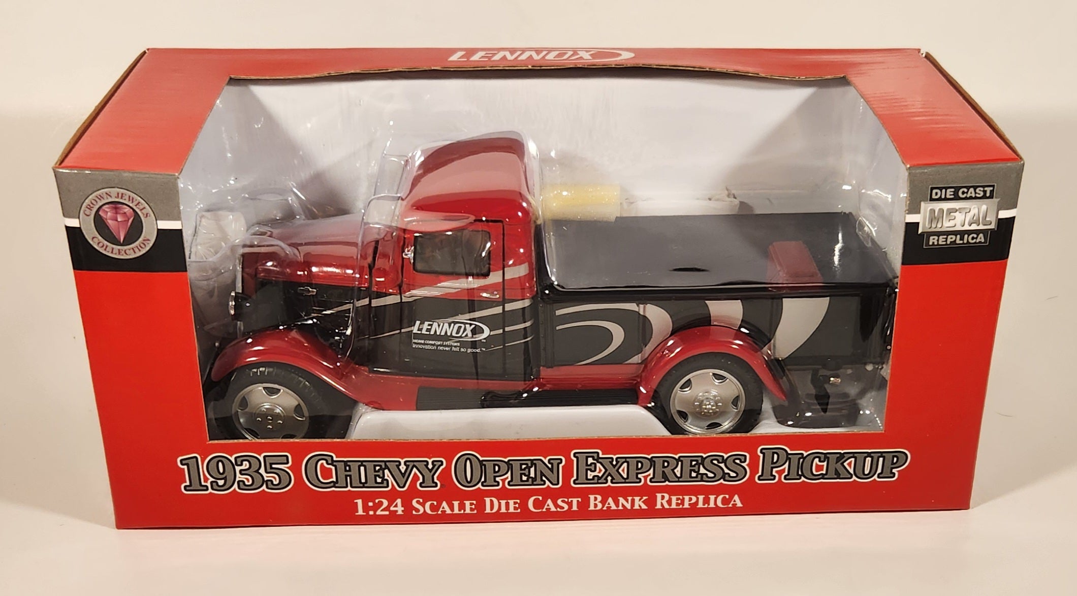 2009 Crown Premium Crown Jewels Collection Lennox 1935 Chevy Open Express Pickup Truck Red and Black 1:24 Scale Die Cast Toy Car Vehicle New In Box
