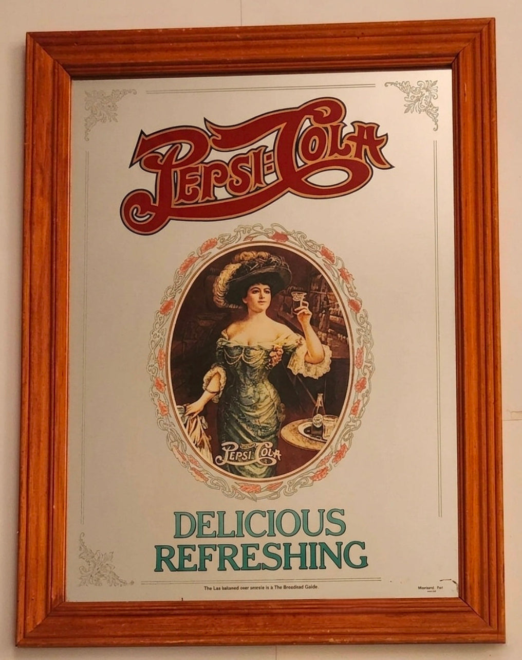 Vintage Stamford Art Pepsi Delicious Refreshing Large 19" x 25" Reproduction Wood Framed Pub Mirror